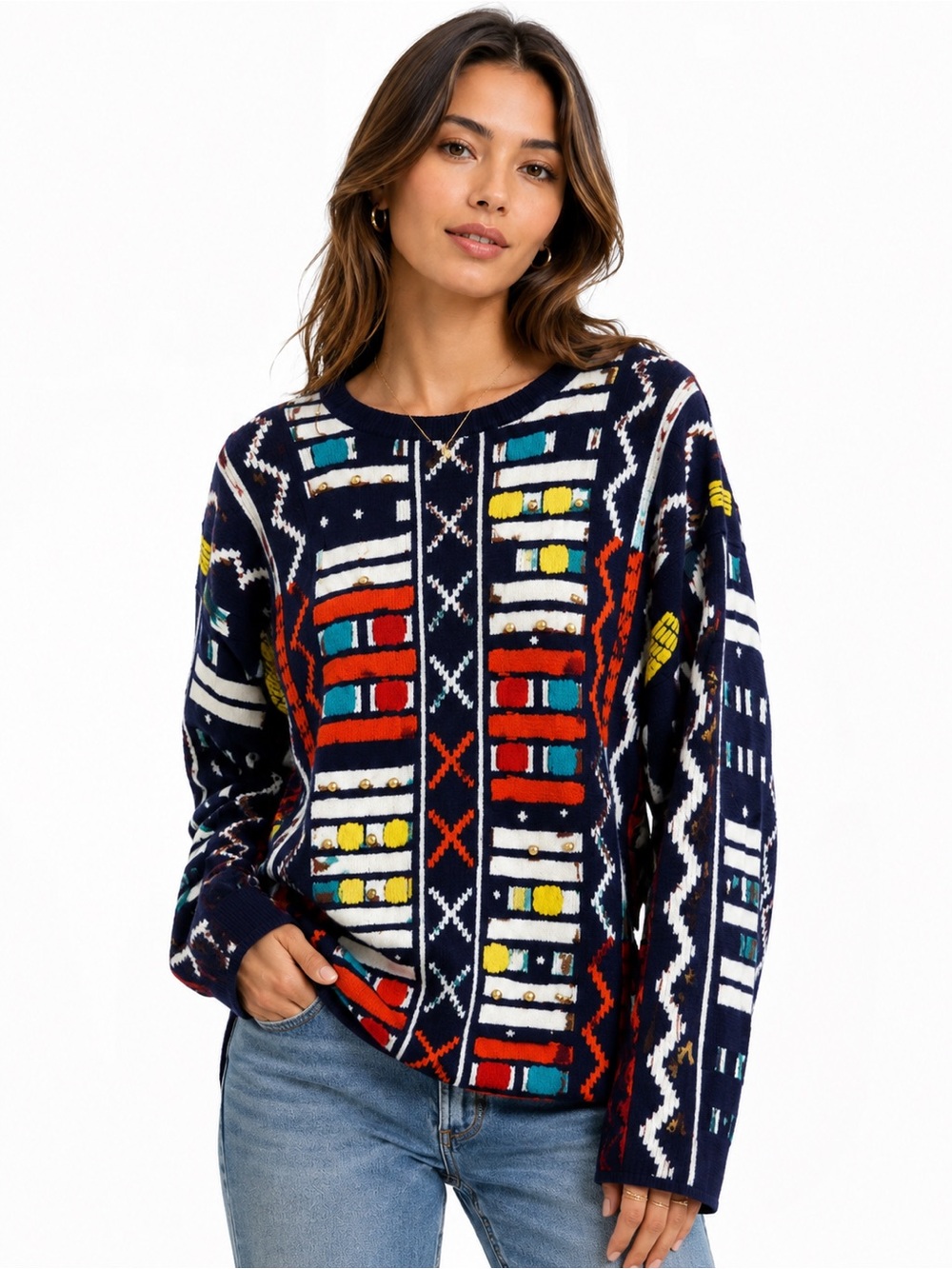 Vintage Kitty Hawk Vivian Wang Colorful Graphic Knit‎ Sweater Retro Geometric